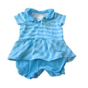 Okie Dokie Polo Romper Infant Girls Size 0-3M Blue Striped Short Sleeve Collared